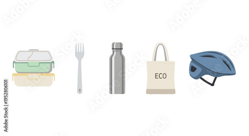 Eco-friendly daily essentials for a sustainable and active lifestyle, promoting environmental consciousness and healthy habits through reusable items.
