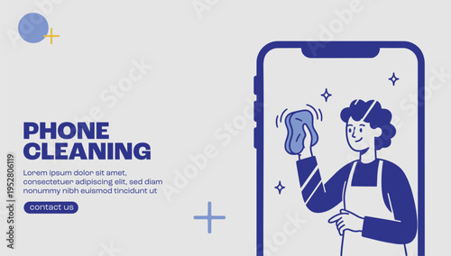 Smartphone cleaning service banner with person wiping mobile screen illustration showing phone device maintenance and technology care concept