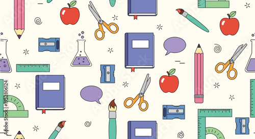 Seamless pattern with school and education elements, vector illustration on a light background, learning tools and supplies