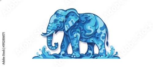 Blue paper cut style elephant illustration. Songkran festival water splash concept. Vector graphic isolated on transparent background