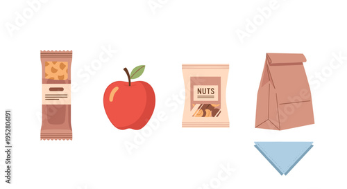Various healthy lunch and snack items are neatly arranged, featuring a granola bar, fresh apple, nuts, and a paper bag with a napkin.