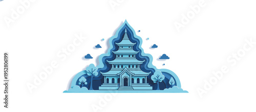 Traditional Thai temple and sand pagoda for Songkran festival. Layered paper cut style vector illustration