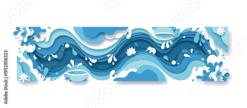 Songkran festival water splash banner. Layered paper cut style vector illustration with lotus and elephant. Graphic element isolated on transparent background