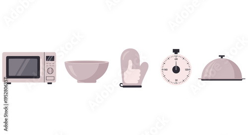 Various kitchen cooking items and utensils illustration featuring a microwave, mixing bowl, oven mitt, timer, and food cloche for culinary themes.