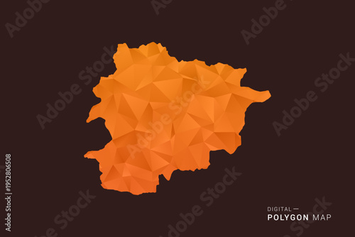 Andorra Map - low poly polygon vector, geometric triangulated silhouette in orange and dark brown tones, clean modern infographic style, isolated background.