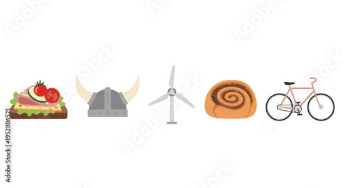 Various Scandinavian cultural symbols are depicted as flat design illustrations including a sandwich, helmet, turbine, roll, and bicycle.