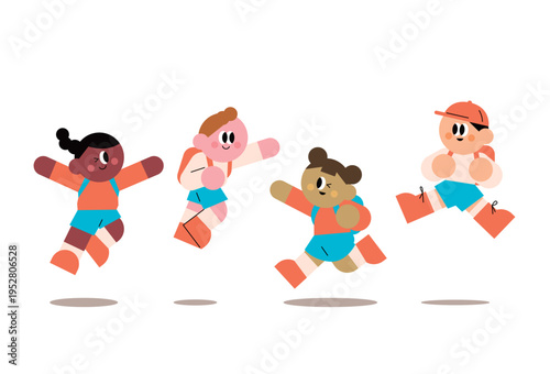 Vector illustration of four diverse school children with backpacks jumping and celebrating. Flat character design of happy multiracial kids in motion for back to school and youthful active concepts.