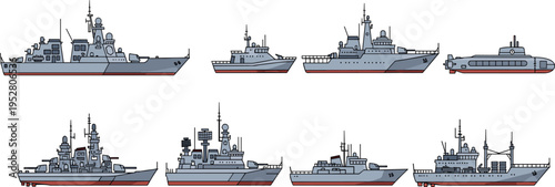 Modern naval warships and submarine collection, military sea vessels set, detailed marine defense transport illustration isolated on light background