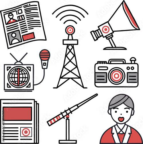 Set of 9 Flat Line News and Media Vector Icons with Red Accents, Featuring Newspaper, Broadcast Tower, Megaphone, TV, Microphone, Camera, and Reporter for Communication Concepts