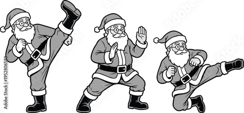Santa Claus martial arts poses collection, funny Christmas character in fighting action stances, festive cartoon illustration isolated on light background