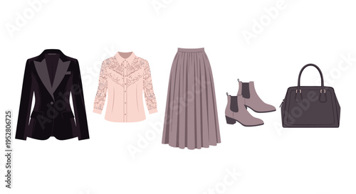 Women's elegant fashion apparel collection showcasing a chic black blazer, delicate patterned blouse, flowing pleated skirt, stylish ankle boots, and a classic handbag.