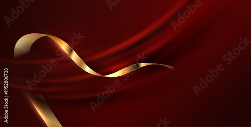 高級感のある赤いサテン布に輝くゴールドリボンが流れるラグジュアリーな背景素材（イベント・セール・お祝いイメージ）