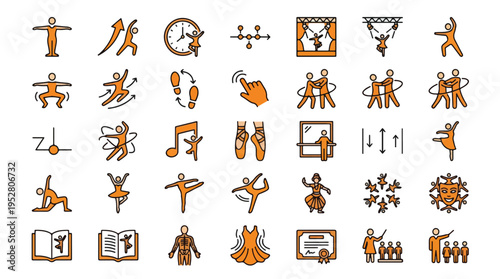 Dancing and Ballet Performance Icon Set in Line Style. A collection of linear icons including dancer, stage, pose, pointe, shoes, barre, teacher, choreography, and more. Editable stroke.