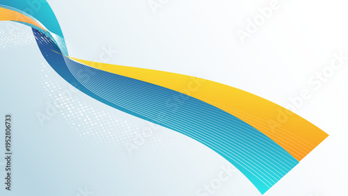 ダイナミックに流れるブルーとイエローの曲線ウェーブが印象的なスタイリッシュ抽象背景デザイン