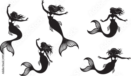 Mermaid and dolphin silhouette vector illustration, mythical sea creature swimming with marine life in circular frame, ocean fantasy icon isolated on white, rustic.