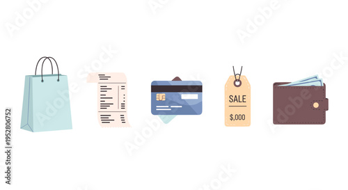 Shopping and payment related items for retail transactions, including a bag, receipt, credit card, sale tag, and wallet, representing modern consumerism and financial activity.