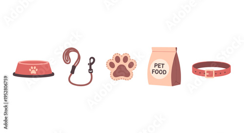 Pet supplies and accessories including a food bowl, leash, paw print, pet food bag, and collar are neatly arranged, representing essential items for animal care.