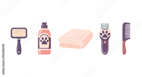 Pet grooming tools, including a slicker brush, shampoo bottle, soft towel, electric clipper, and comb, are essential for animal hygiene.