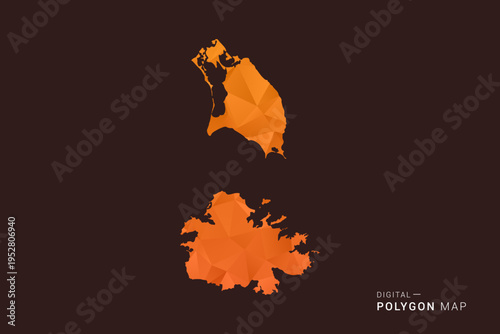 Antigua and Barbuda Map - low poly polygon vector, geometric triangulated silhouette in orange and dark brown tones, clean modern infographic style, isolated background.