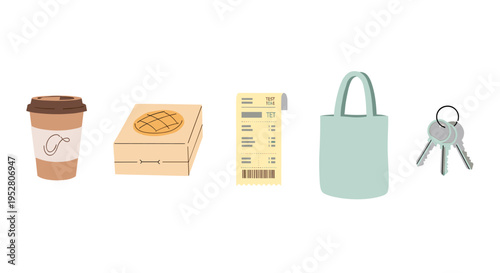 Everyday items including a coffee cup, pastry box, receipt, tote bag, and keys, representing daily errands and personal belongings.