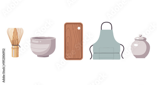 Bamboo whisk, ceramic bowl, wooden board, apron, and ceramic jar are essential items for cooking, baking, and traditional tea preparation.