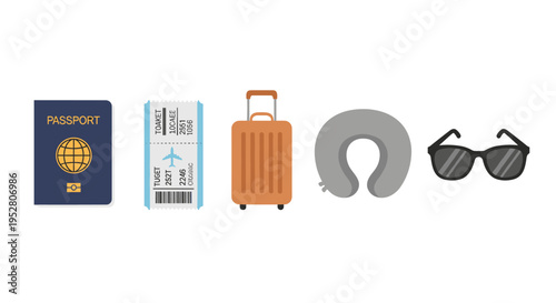 Travel accessories including passport, boarding pass, suitcase, neck pillow, and sunglasses arranged neatly, symbolizing preparation for an exciting journey or vacation.