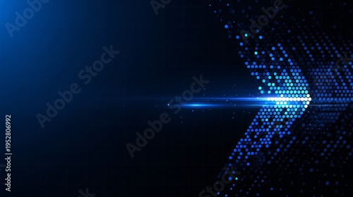 Abstract digital data stream forming an illuminated arrow shape moving forward against a dark background