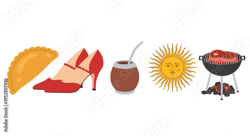 Argentine cultural symbols and traditions are beautifully illustrated together in a vibrant collection of iconic elements, showcasing the rich heritage and diverse customs.