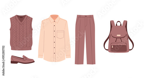 Autumn fashion clothing items and accessories, including a sweater vest, shirt, pants, loafer, and backpack, are neatly arranged for a stylish and comfortable everyday look.