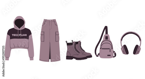 Fashion items including a hooded sweatshirt, long cargo skirt, combat boots, a sling bag, and headphones, illustrating a modern, comfortable, and stylish streetwear ensemble.