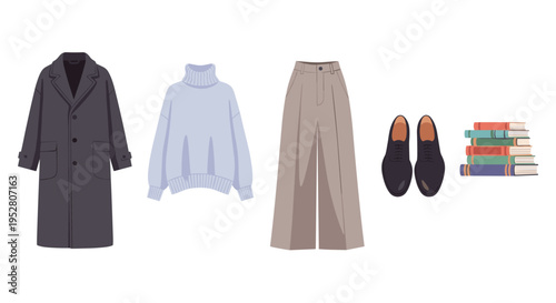 Stylish autumn winter fashion collection featuring a dark coat, light sweater, wide trousers, classic shoes, and a stack of colorful books.