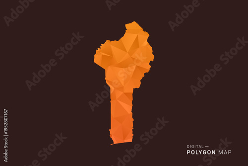 Benin Map - low poly polygon vector, geometric triangulated silhouette in orange and dark brown tones, clean modern infographic style, isolated background.