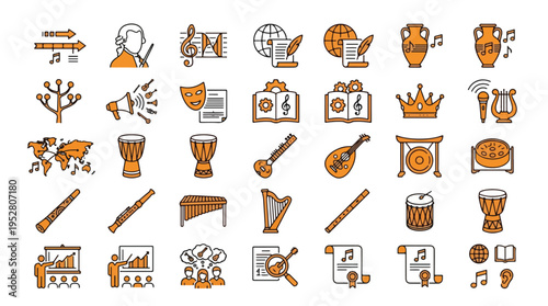 World Music History Icon Set in Linear Style. A collection of musical culture linear icons, including sitar, harp, drum, flute, lute, composer, timeline, gong, djembe, xylophone