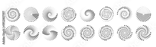 Circular halftone dots form a rotating spiral frame, giving a sense of motion and balance. Soft gradients enhance the visual depth. A stylish abstract background for modern design use.