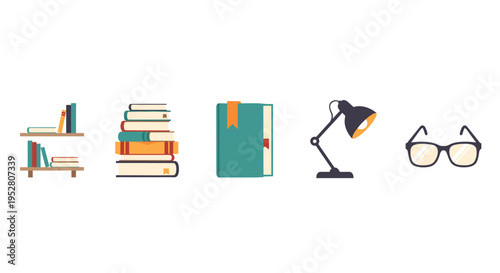 Books, lamp, eyeglasses, and shelves represent essential tools for education and knowledge acquisition, depicted in a modern flat design style.
