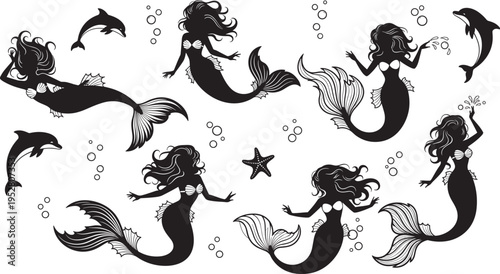 Mermaid silhouette set vector illustration, collection of sea goddesses swimming with dolphins and starfish, aquatic fantasy icons isolated on white background, ocean.