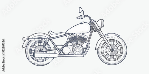 Sketch of a classic motorcycle with detailed engine and wheel components