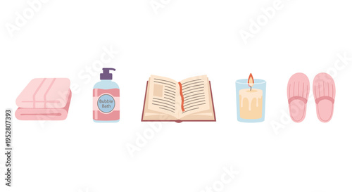 Delightful collection of self-care items arranged for a relaxing evening, featuring soft towels, bubble bath, an open book, a lit candle, and cozy slippers.