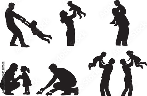 Set of family silhouettes with parents and children playing, parenting and care concept on white background