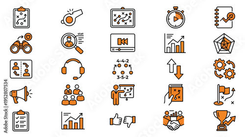 Sports coaching and management icon set in linear style. A collection of icons including tactics, whistle, strategy board, timer, analysis, recruitment, headset, formation, trophy