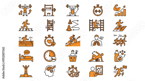 Fitness Performance Icon Set in Linear Style. A collection of training icons, including weightlifting, cardio, agility, recovery, sleep, nutrition, progress, mindset