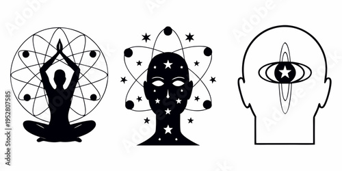 Three abstract black silhouettes depicting meditation spirituality and consciousness