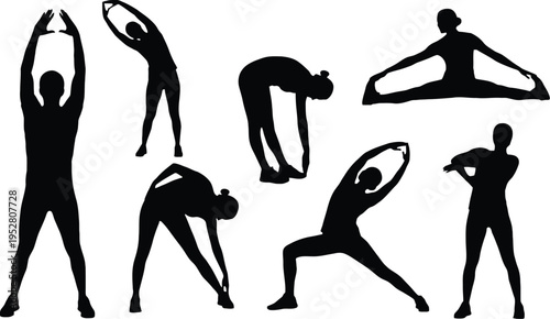 Set of 8 Black Silhouette Stretching Exercise Poses Vector