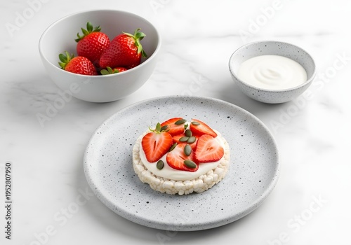 Healthy rice cake with strawberries yogurt and seeds