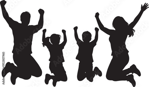 Happy family silhouettes jumping with arms raised, celebration and togetherness concept on white background