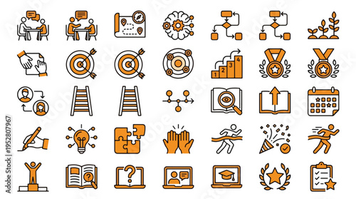 Personal Growth Icon Set in Orange Linear Style. A collection of career success linear icons, including coaching, target, ladder, brain, roadmap, trophy, goals, growth, mindset
