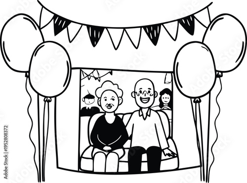 Vector illustration of senior couple in photo booth with balloons and bunting