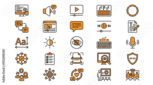 Web Accessibility and Inclusion Icon Set in Line Style. A collection of linear icons representing Braille, WCAG, screen reader, keyboard navigation, text size, contrast