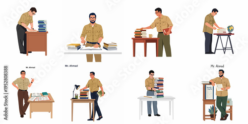 Set of illustrations depicting a male teacher or librarian managing books, grading papers, and working in an academic environment.