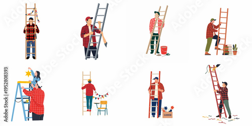 Flat vector illustration collection of people using ladders for various tasks, including home maintenance, classroom decorating, and DIY building projects.